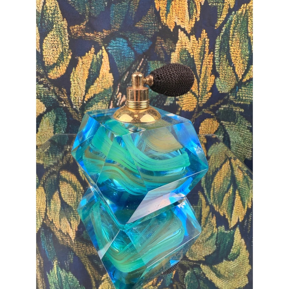 Vtg. Art Glass Perfume Bottle Blue Green Swirl Cube Atomizer Mid Century Style